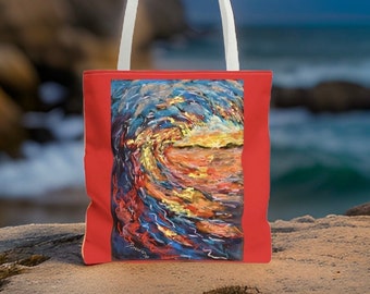 Tote Bag Red Roomy Big Colorful Wave Original Pastels Painting Print Gift Tropical Waves Seashore Beach Bag Shoulder Crossbody Tote