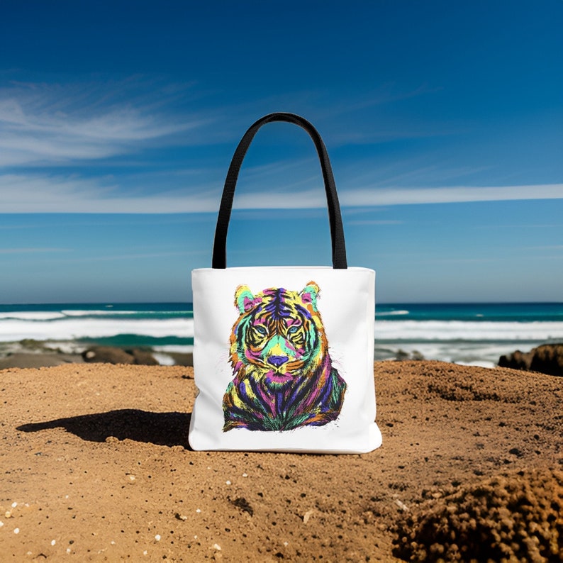 Pop art print of a Tropical Tiger on a white Tote bag.