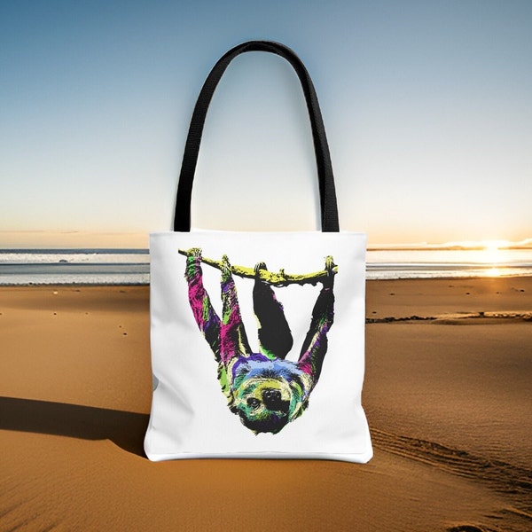 Tote Bag (AOP) Tropical Sloth Art Print Gift Travel Vacation Beach Bag Pilates Yoga Exercise Fitness Workout Tote Bag Birthday Friend Gifts