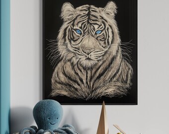 Original Art Canvas Framed Print Home Decor Housewarming Gift Artwork White Tiger Siberian  Cat Black White Srcatchboard Art Painting Animal