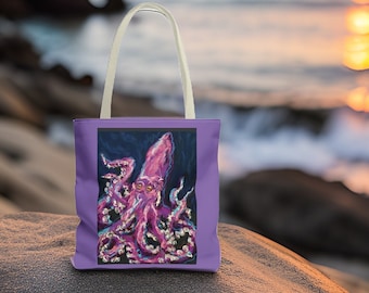 Tote Beach Bag Purple Octopus Vacation Seashore Travel Kids Gift Original Art Colorful Tote Beach Lover Travel Vacation Lover Nautical Gift