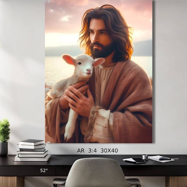 Serene Savior and Lamb at Sunset - Biblical Scene, Spiritual Decor, Christian Art, Peaceful Imagery The Good Shepherd Loving Jesus Religious