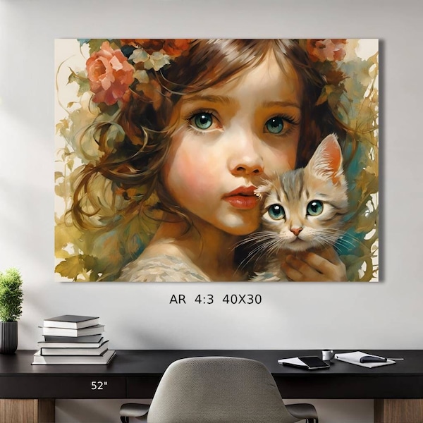 Girl Art, Whimsical Girl and Cat Digital Paintable Wall Art, Cat Painting, Modern Home Decorative Print, Unique Gift Birthday Present Kitten