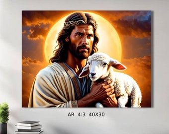 Jesus Shepherd with Lamb Art Print - Spiritual Jesus Portrait, Christian Wall Art,  Divine Light Imagery, Good Shepherd, Compassionate Jesus