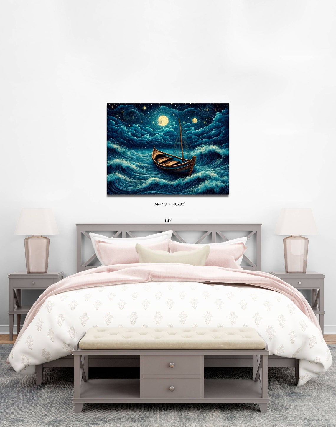 Boats Wall Art, Starry Night Sky Boats Waves Water Digital Printable ...