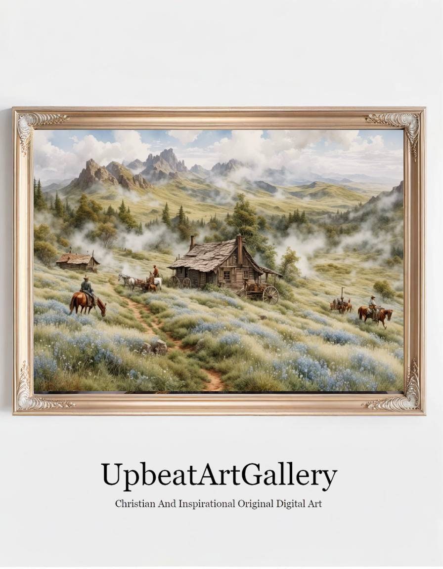 Rustic Settler's Cabin Landscape Art, Vintage Mountain Foothills Wall
