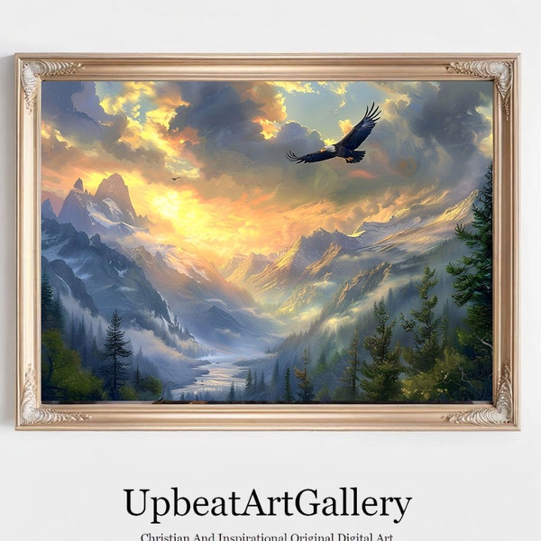 Majestic Mountain Sunrise Wall Art - Soaring Eagle over Misty Peaks, Ideal for Home Decor and Unique Homeowner Gift