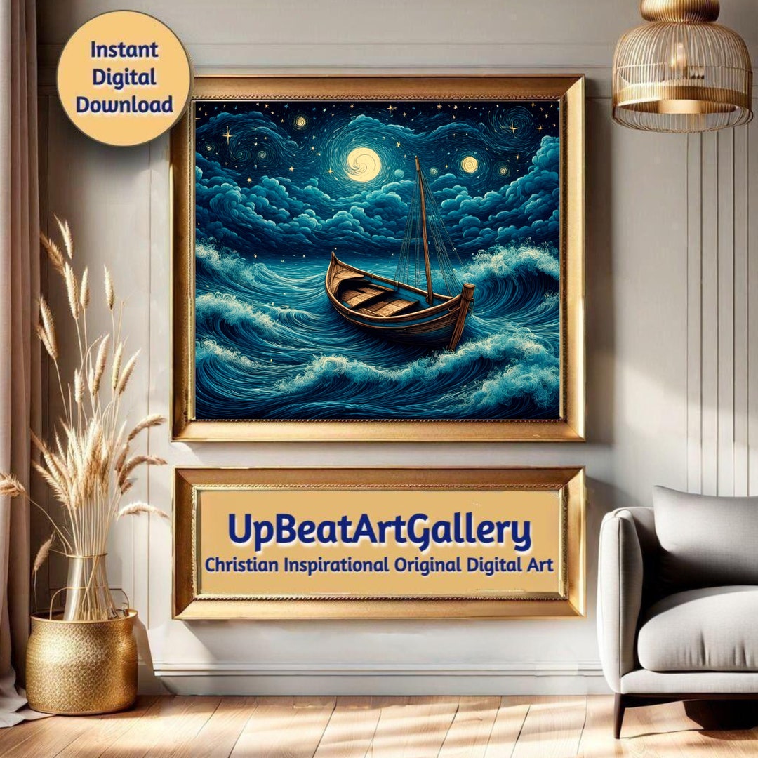 Boats Wall Art, Starry Night Sky Boats Waves Water Digital Printable ...