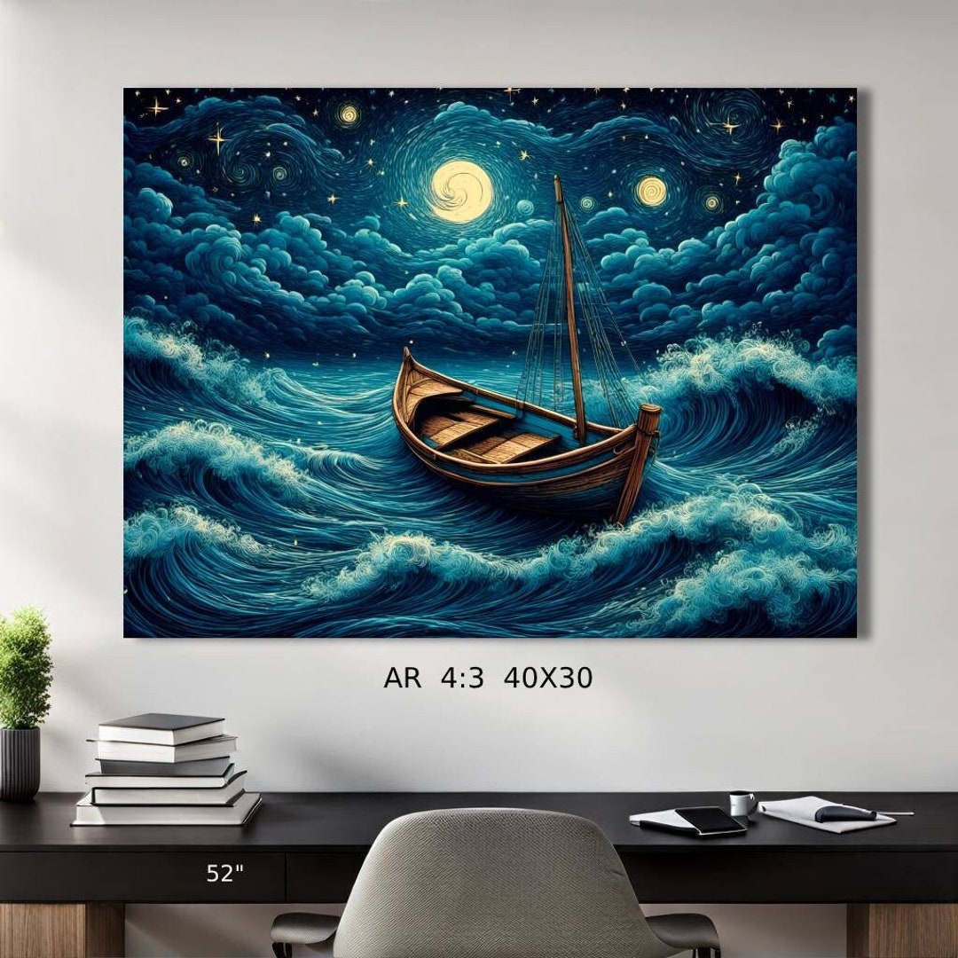 Boats Wall Art, Starry Night Sky Boats Waves Water Digital Printable