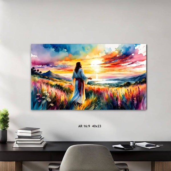 Jesus Art, Jesus Painting with Wild Flowers Landscape Digital Printable, Christian Wall Art, Jesus Christ Wall Art, Christian Home Decor