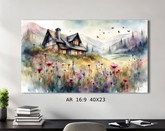 Mountain Cottage Painting for Home Decor Illustration Mountain Digital Printable Vintage Landscape Art Nature Home Wall Art Best Gift