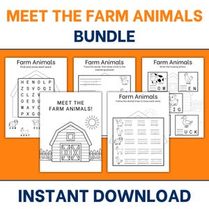 Paquete de hojas de trabajo imprimibles de palabras de animales de granja para preescolar / Edades 3-5 / Trazar y emparejar letras faltantes / Práctica de ortografía sin pantalla / PDF