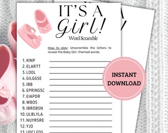 Printable Baby Shower Word Scramble Game, Gender Reveal Game, Baby Girl, Instant Download