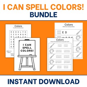 Hojas de trabajo imprimibles de palabras de colores para preescolar / Edades 3-5 / Trazar y emparejar letras faltantes / Práctica de ortografía sin pantalla / PDF