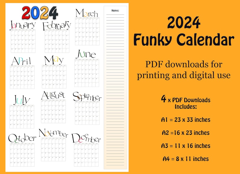 2024 Funky Year Calendar Printable Poster PDF Download Etsy