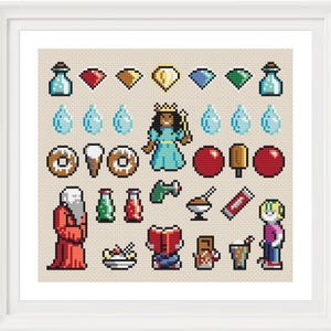 May include: A pixel art cross-stitch pattern featuring a variety of colorful icons, including a princess, a wizard, donuts, ice cream cones, and a variety of other objects.
