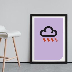 Pop art tattoo inspired wall art. Lilac purple. Red rain thunderstorm. Weather &quot;Bad Rain&quot; Poster home deco. Digital download print at home