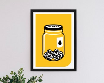 May include: A yellow framed print of a black and white illustration of a jar filled with eyeballs. The jar has a black lid with the word "SNÖ" on it. A black teardrop is on the jar.