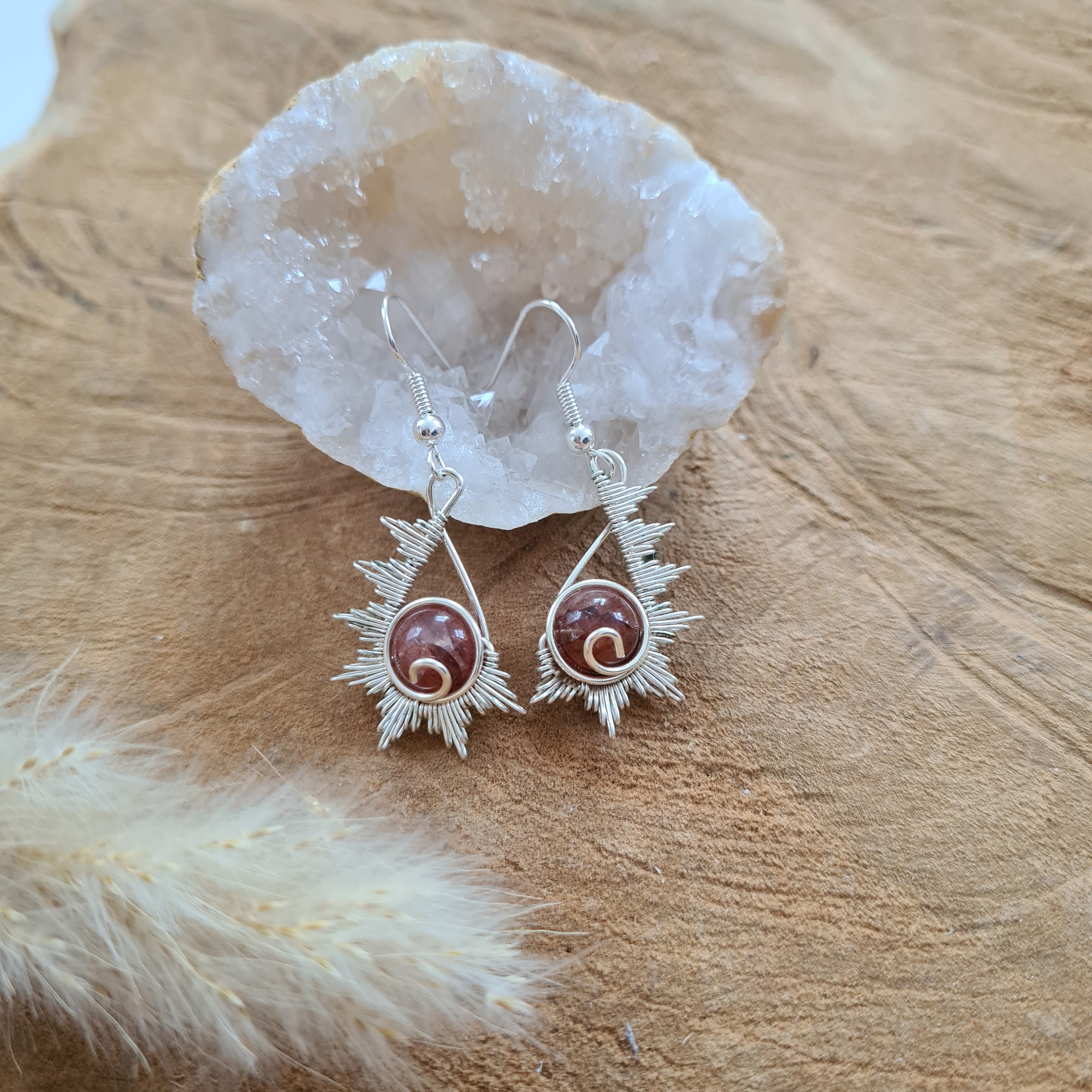 Boucles d'oreilles 2 pendants en chaine et pierres naturelles roses