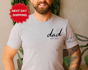 Personalized Dad Shirt with Kids Names Arm, Custom Dad Tshirt, Est Date Daddy T Shirt, Gift for Fathers Day, Unique Gifts for Dad
