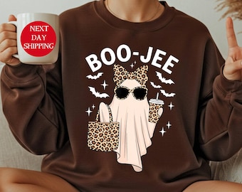 Boo-Jee Ghost Sweatshirt, Leopard Ghost Tee, Ghost Coffee Shirt, Funny Fall Shirt, Ghost Tee, Girly Halloween Gift, Boojee Shirt