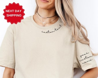 Custom Text on the Neck and Names on the Sleeve Shirt, Personalized Names Initials on Sleeve, Customizable T-shirt Gift, Mother's Day Gift