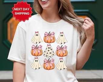 Retro Halloween Shirt, Coquette Halloween Shirt, Hallowen Pumpkin Shirt, Pink Pumpkin Shirt,Coquette Ghost Shirt Pumpkin Coquette Bow Shirt