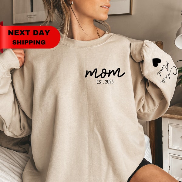 Personalized Mama Sweatshirt with Kids Names Sleeve, Custom Momma Sweater, Est Date Mom Sweatshirt, Gift for Mother, Childs Names on Sleeve