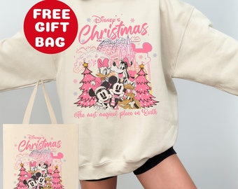 Mickey & friends Disney Christmas Hoodie with Free Gift Bag,Pink Christmas Sweater, Mickey&#39;s very merry Christmas shirt,Disneyland trip gift
