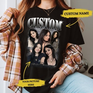 May include: Black t-shirt with a silver "CUSTOM" graphic and a collage of four women's faces. The text "CUSTOM NAME" is written in yellow above the graphic and "YOUR PICTURE HERE" is written in yellow below the graphic.