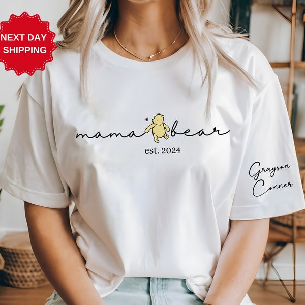 Pooh Bear Mama Shirt, Mama Est. with Kid Name on Sleeve Shirt, Winnie The Pooh Shirt, Custom Bear Shirt, Mothers Day Gift, Personalized Mama