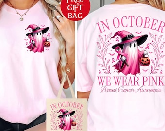 In October We Wear Pink Ghost Shirt, Halloween in October We Wear Pink, Breast Cancer Awareness Shirt, Pink Ribbon Shirt, Wear Pink Pumpkin