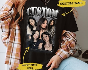 May include: Black t-shirt with a silver "CUSTOM" graphic and a collage of four women's faces. The text "CUSTOM NAME" is written in yellow above the graphic and "YOUR PICTURE HERE" is written in yellow below the graphic.