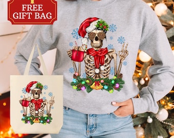Dead Inside Skeleton Christmas Sweatshirt, Sarcastic Christmas Coffee Shirt Merry Christmas Shirt Coffee Lover Christmas Gift Fall Sweater