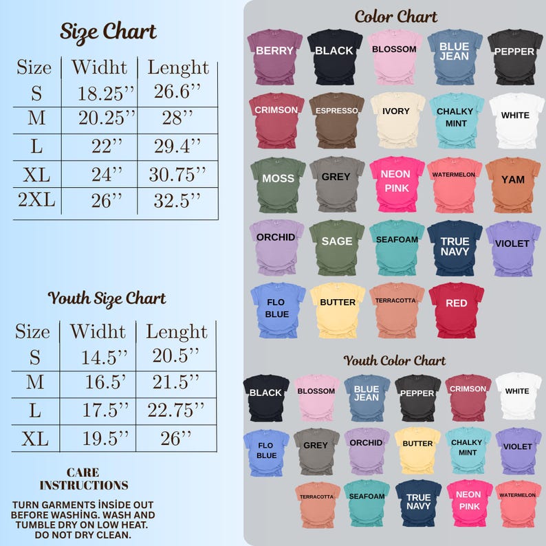 以下が含まれることがあります： Tシャツの詳細なサイズとカラーチャート。サイズチャートには、大人と子供のサイズのインチ単位の測定値が含まれています。カラーチャートには、ベリー、ブラック、ブロッサム、ブルー ジーンズなど、さまざまなシャツの色が表示されます。