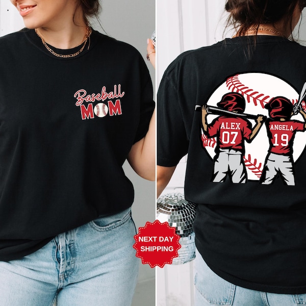 Camiseta de béisbol personalizada para mamá, camiseta de béisbol para dos jugadores, camiseta de béisbol con nombre y número personalizados, camiseta de mamá para el día del juego, regalo de béisbol para mamá y papá.