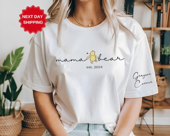 Pooh Bear Mama Shirt, Mama Est. with Kid Name on Sleeve Shirt, Winnie The Pooh Shirt, Custom Bear Shirt, Mothers Day Gift, Personalized Mama