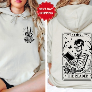 The Reader Tarot Card Front And Back Sweatshirt, Skeleton Reading Sweater, Book Lover Gift For Women, Book Lover Hoodie, Tarot Card Sweat