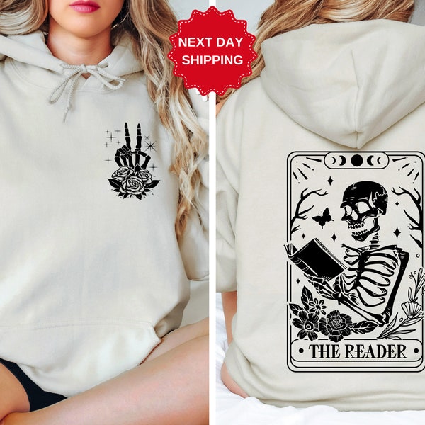 La sudadera delantera y trasera de la carta del tarot del lector, suéter de lectura de esqueleto, regalo amante del libro para las mujeres, sudadera con capucha amante del libro, sudor de la carta del tarot