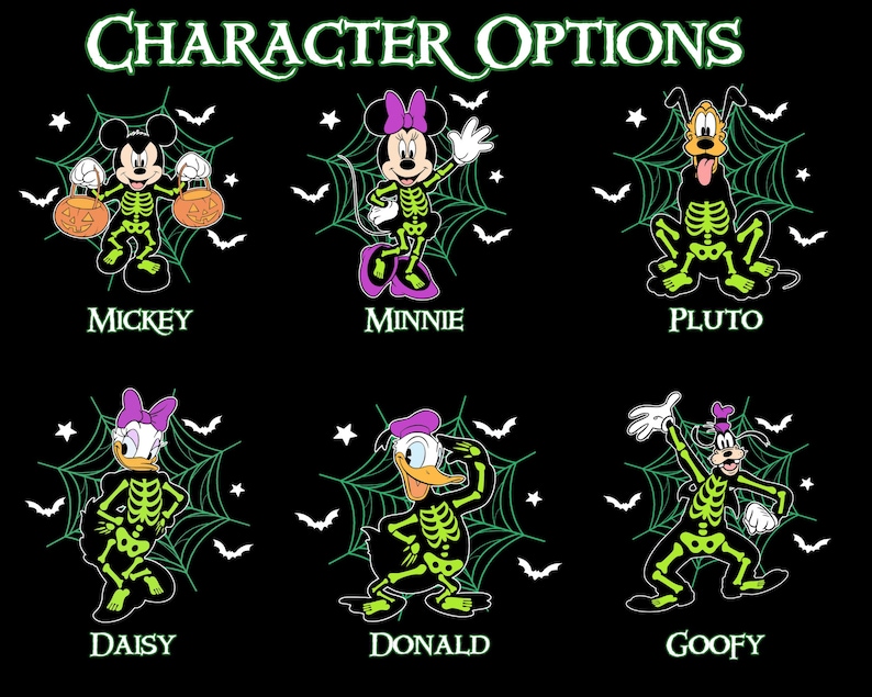K&ouml;nnte beinhalten: Schwarze Grafik mit den Disney-Charakteren Mickey, Minnie, Pluto, Daisy, Donald und Goofy, die jeweils als Skelette dargestellt sind. Der Text "CHARACTER OPTIONS" steht oben. Jeder Charakter ist von einem Spinnennetz und Flederm&auml;usen umgeben.