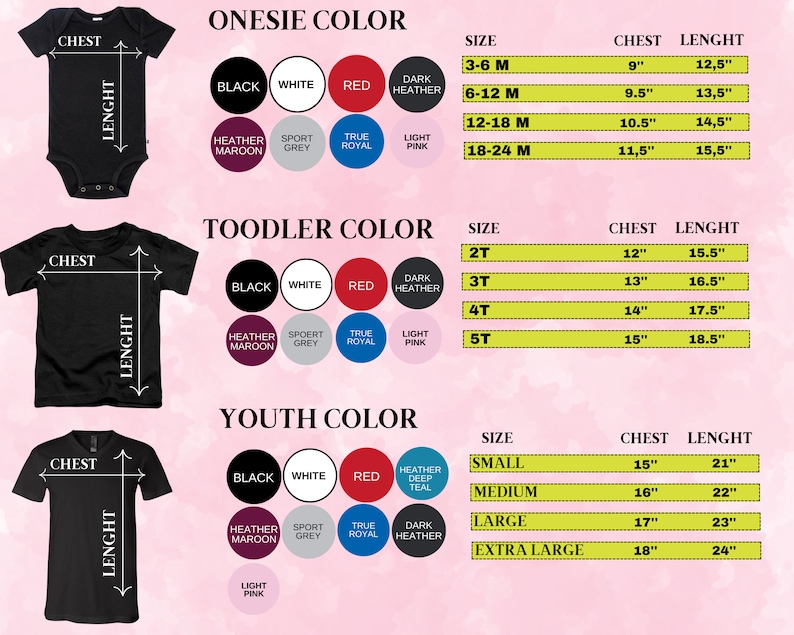 May include: A graphic showing size charts for onesies, toddler, and youth t-shirts. The charts display chest and length measurements in inches for various sizes, along with color options like black, white, and red.