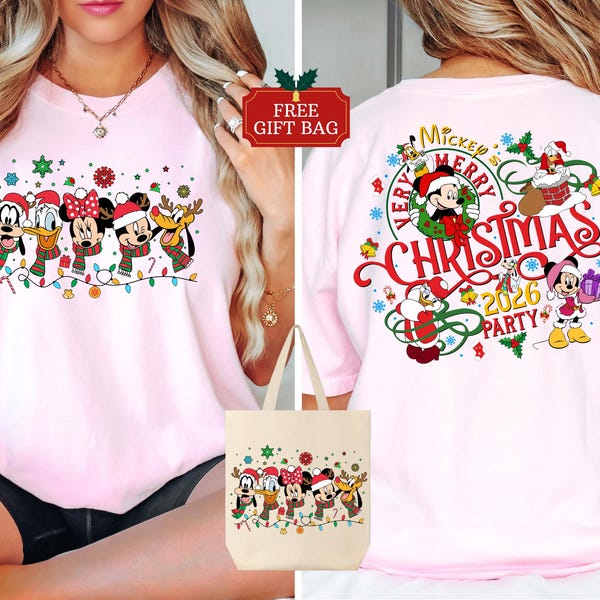 2-Sided Mickey's Very Merry Christmas Party 2026 Shirt, Disney Santa Mickey And Friends Group Christmas Lights Shirt, Disneyland Xmas Tee