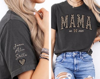 Comfort Colors® Custom Leopard Mama Shirt With Kid Name On Sleeve, Personalized Mom T-shirt, Gift For Mom, Mothers Day Gift, Mama Est Year