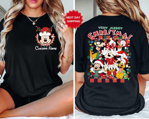 2-sided Personalized Mickey & Friend Christmas Checkered Shirt, Disney Christmas Tee, Cute Christmas Tee, Disney Holiday Xmas Gift