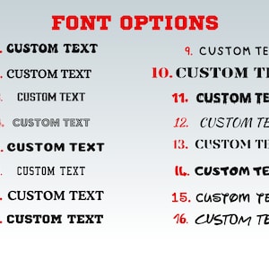 May include: A graphic showing 16 different font options for customizing text. The fonts range from simple to bold and decorative. The text "FONT OPTIONS" is at the top of the image in red.