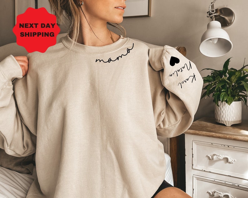 Custom Mama Sweatshirt With Kid Name On Sleeve, Personalized Mom Sweatshirt, Minimalist Momma Hoodie, Gift For Her, Christmas Gift For Mom image 1