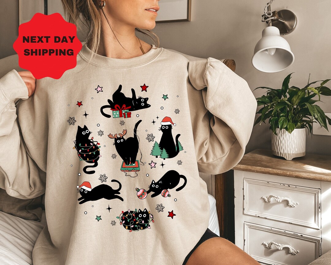 Christmas Black Cat Sweatshirt, Kitten Christmas Shirt, Black Cat