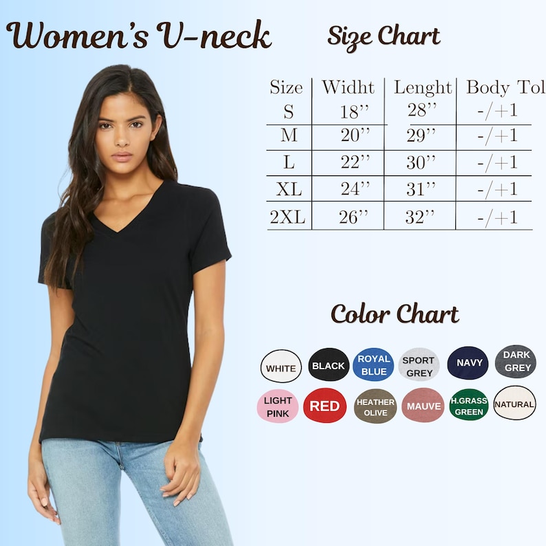 K&ouml;nnte beinhalten: Ein schwarzes V-Ausschnitt-T-Shirt wird gezeigt, mit einer Gr&ouml;&szlig;entabelle, die Breiten von 45.7 cm bis 66 cm und L&auml;ngen von 71.1 cm bis 81.3 cm angibt. Eine Farbkarte enth&auml;lt Optionen wie Wei&szlig;, Schwarz, Rot und Marine. Das T-Shirt wird von einer Person getragen.