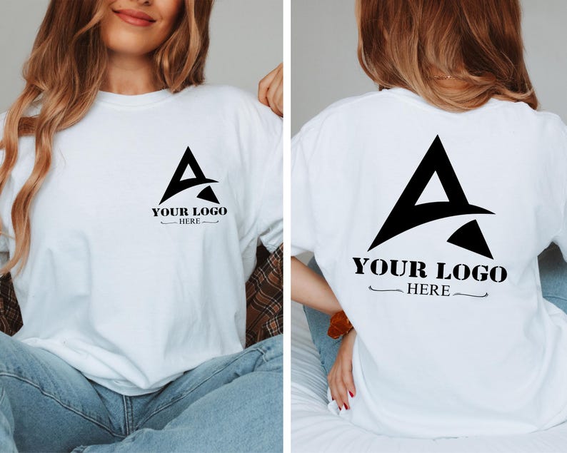 May include: White t-shirt with a black triangle logo that says "YOUR LOGO HERE" on the front and back.