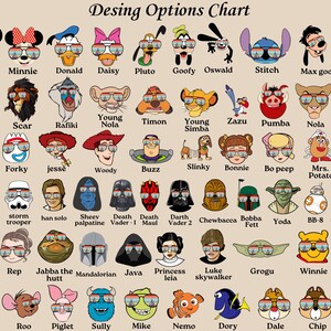K&ouml;nnte beinhalten: Eine Design-Options-Tabelle mit Zeichentrickfiguren wie Mickey Mouse, Darth Vader und Winnie the Pooh, die alle eine Sonnenbrille tragen. Der Text "Desing Options Chart" steht oben. Die Charaktere sind in Reihen und Spalten angeordnet.